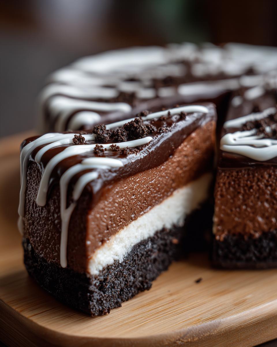 Close-up of a slice of three-layer chocolate cheesecake with dark crust, white layer, and two chocolate mousse layers.
