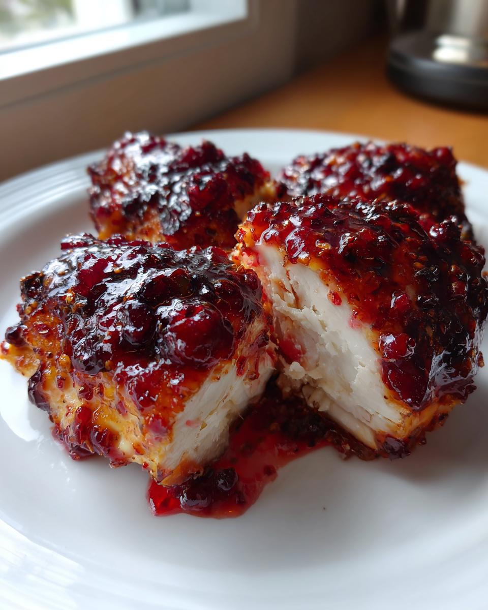 Close-up of baked cranberry chicken pieces, glossy with sweet cranberry sauce, one piece cut open.