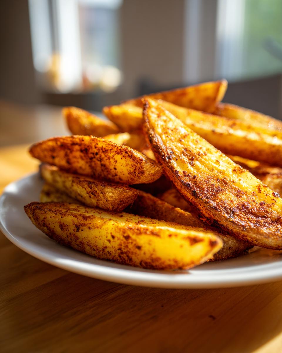 A close-up of golden brown, seasoned air fryer potato wedges piled high on a white plate.