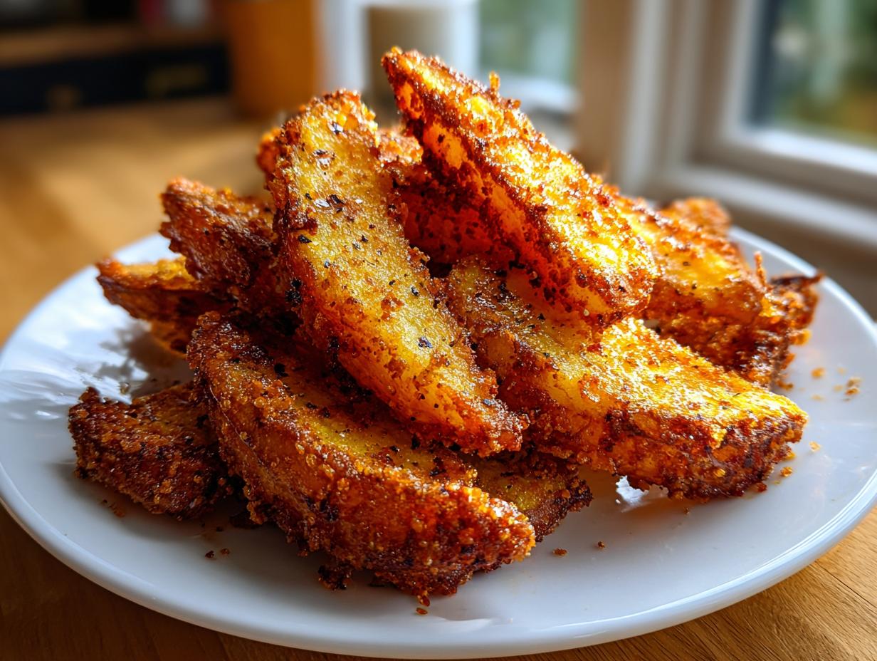 A close-up shot of a pile of golden brown, seasoned air fryer potato wedges on a white plate.