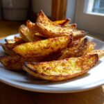 A close-up stack of golden brown, seasoned air fryer potato wedges piled high on a white plate.