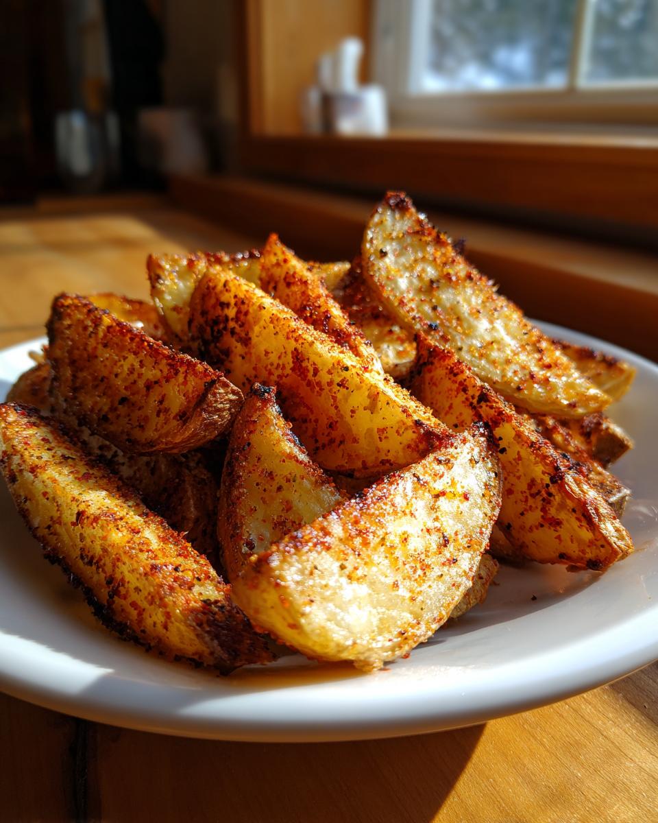 A close-up of seasoned, golden-brown air fryer potato wedges piled high on a white plate, catching warm sunlight.