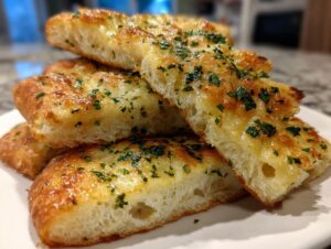A stack of freshly baked, golden brown breadsticks topped with melted butter and chopped parsley.
