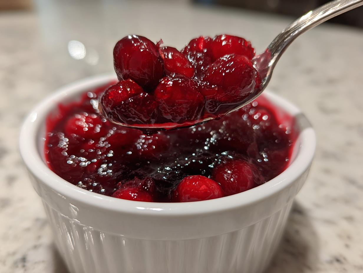 A spoonful of glistening, whole-berry cranberry sauce being lifted from a white ramekin.