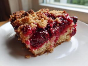 Close-up of a moist slice of cherry dump cake showing a golden crust and bright red cherry filling.