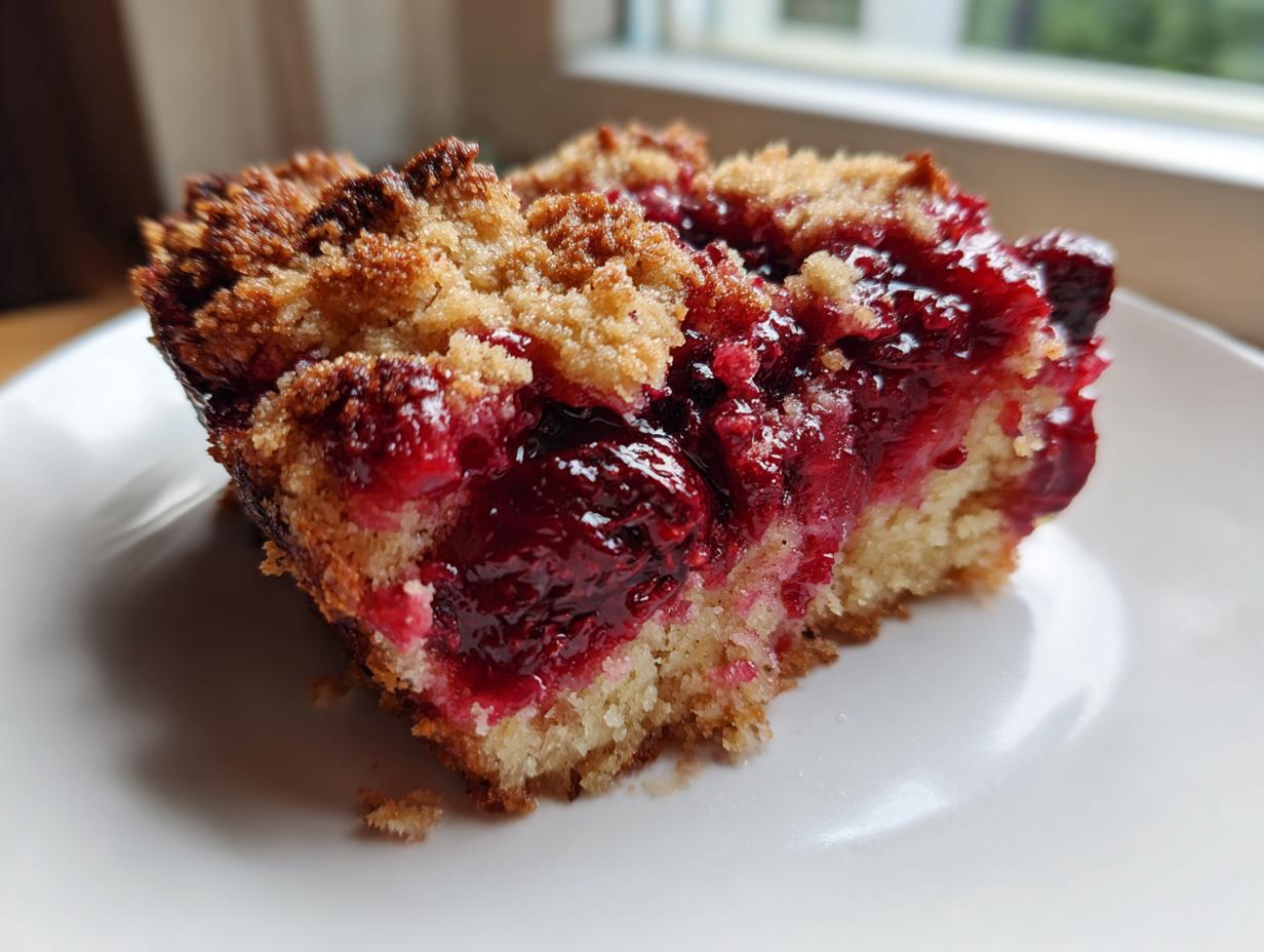 Close-up of a moist slice of cherry dump cake showing a golden crust and bright red cherry filling.
