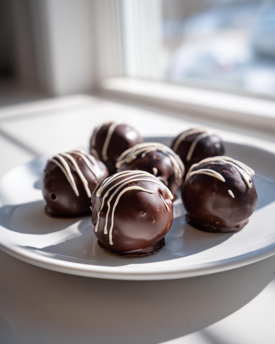 Six decadent chocolate covered oreo balls, drizzled with white chocolate, sitting on a white plate near a window.