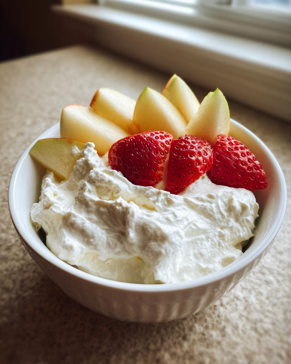 A white bowl filled with creamy fruit dip, topped with fresh strawberries and apple slices.