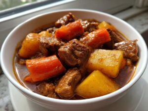 Close-up of a white bowl filled with rich, dark Amazing 8-Hour Pork Stew featuring chunks of tender meat, carrots, and potatoes.