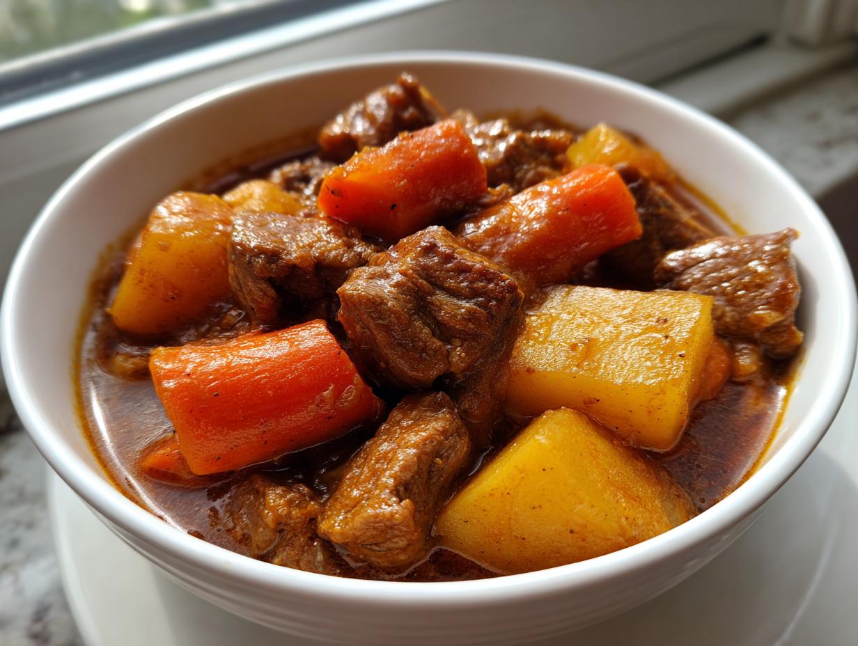Close-up of a white bowl filled with rich, dark Amazing 8-Hour Pork Stew featuring chunks of tender meat, carrots, and potatoes.