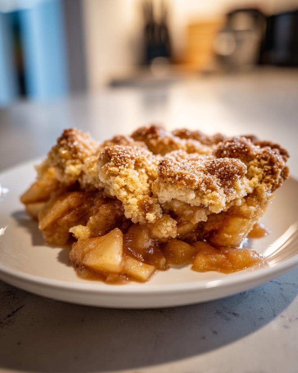A close-up shot of a serving of warm apple cobbler with a crumbly, sugared topping and gooey apple filling.
