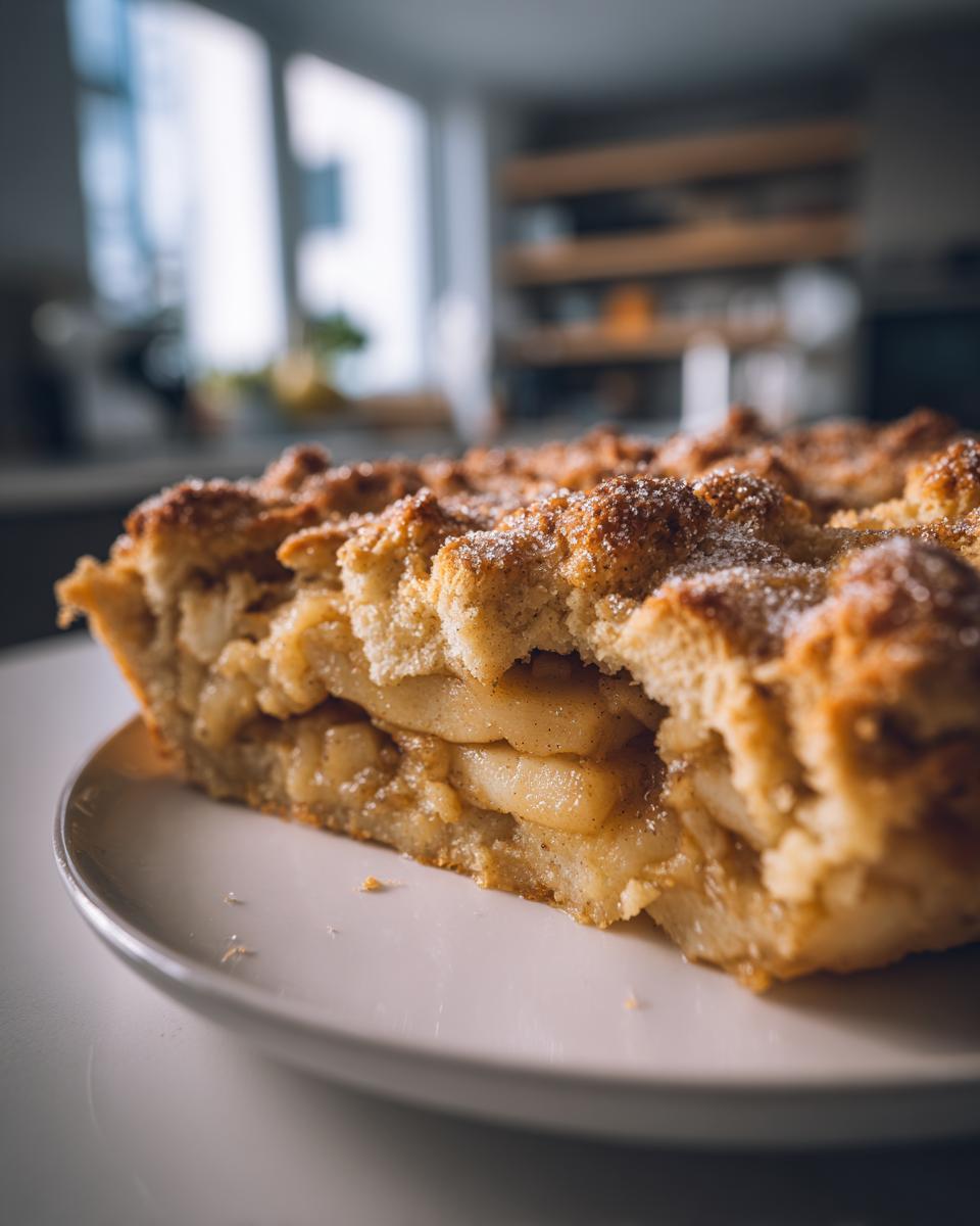Close-up of a thick slice of amazing apple cobbler showing cinnamon apples and a crumbly, sugared topping.