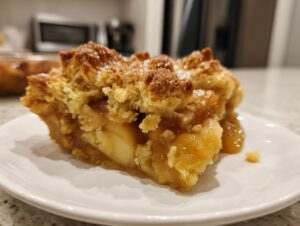 Close-up of a generous slice of amazing apple cobbler showing soft baked apples and a thick, sugary crumb topping.