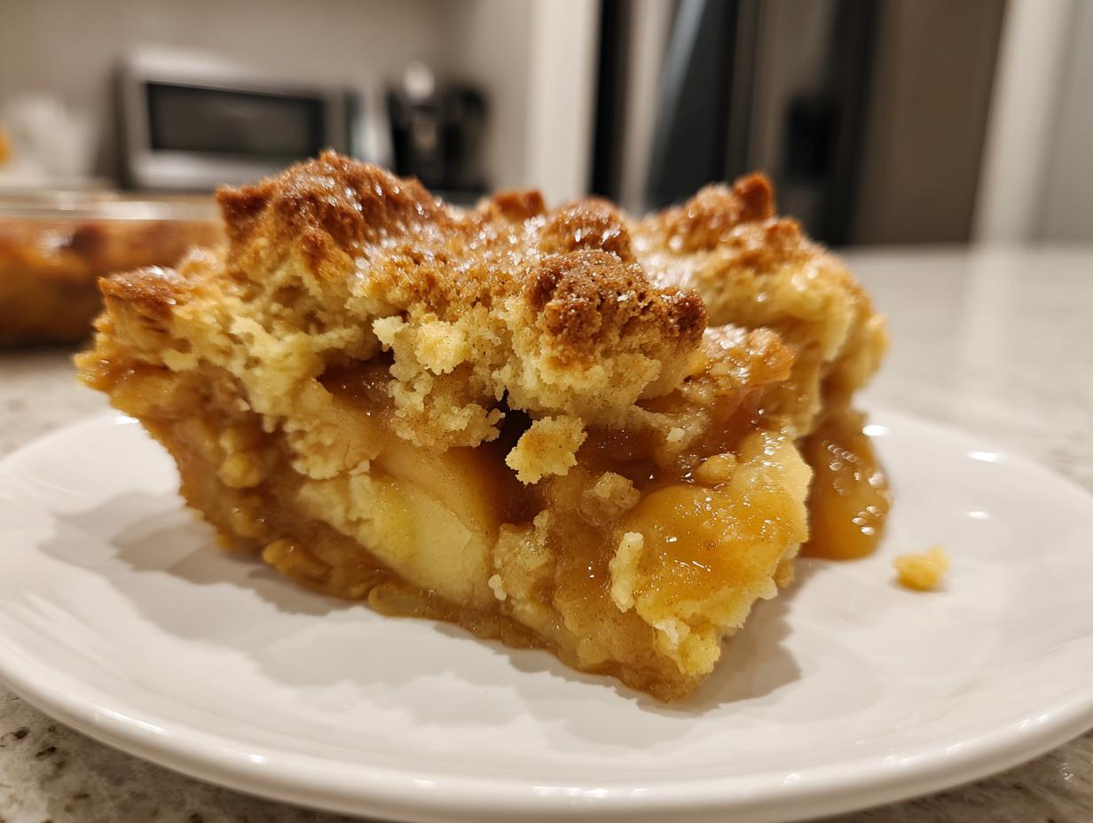 Close-up of a generous slice of amazing apple cobbler showing soft baked apples and a thick, sugary crumb topping.
