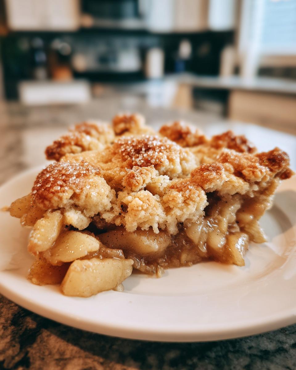 Close-up of a generous slice of apple cobbler showing soft baked apples and a sugary, crumbly topping.