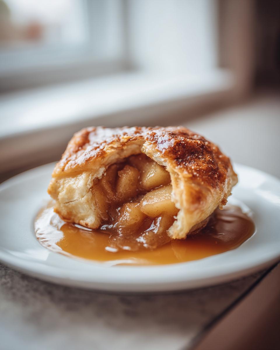A flaky, golden-brown apple dumpling broken open to show spiced apple filling, sitting in a pool of rich caramel sauce on a white plate.