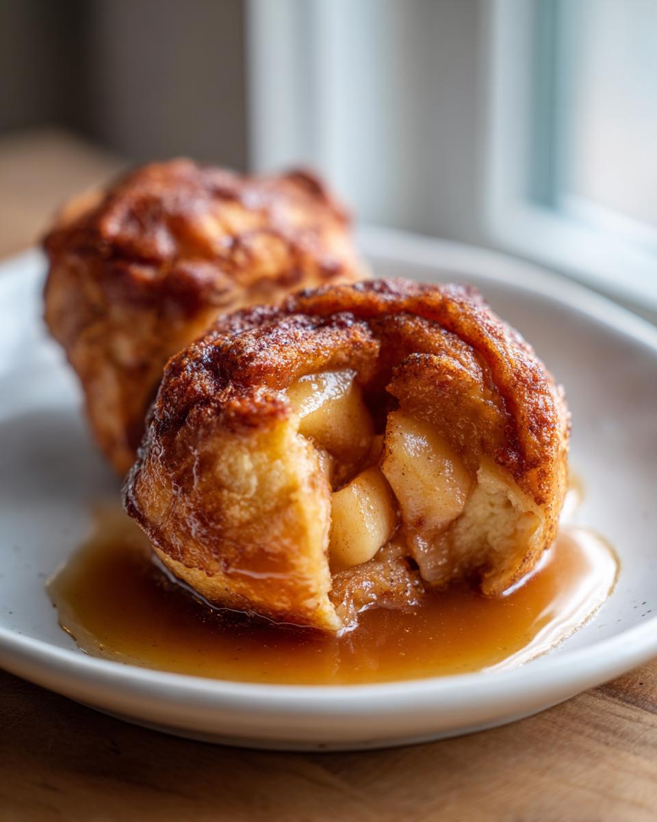 A warm, golden-brown apple dumpling cut open to show spiced apple filling, sitting in rich caramel sauce.