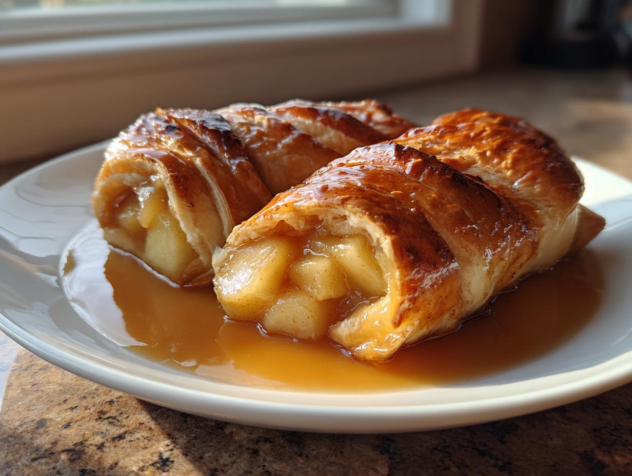 Two golden brown, glazed apple dumpling pastries filled with spiced apples, resting in a pool of caramel sauce on a white plate.