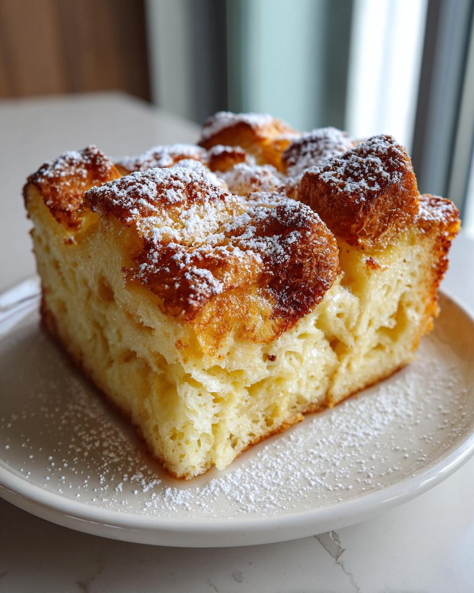 A close-up of a square slice of fluffy baked french toast dusted generously with powdered sugar on a white plate.