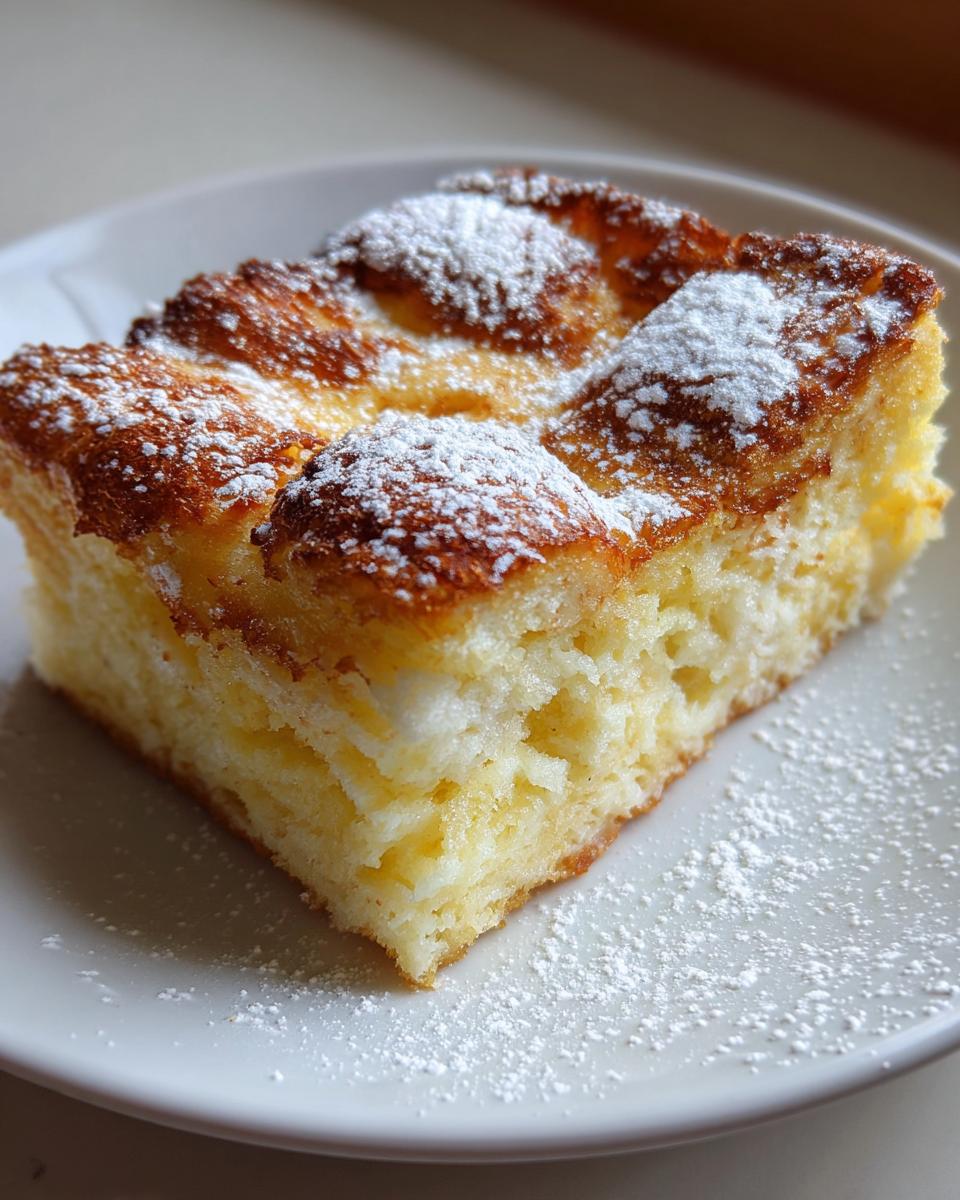 Close-up of a golden-brown slice of amazing baked french toast dusted with powdered sugar on a white plate.