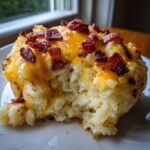 A close-up, tempting shot of a serving of baked potato casserole topped with melted cheddar cheese and bacon bits.