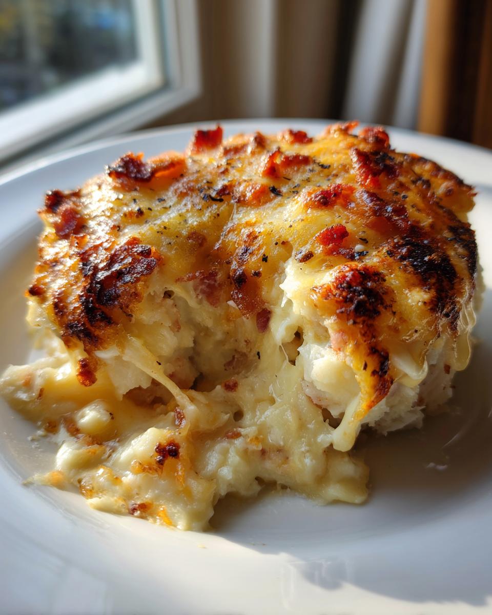Close-up of a serving of rich baked potato casserole with a bubbly, browned cheese and bacon topping.