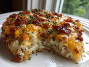 A close-up of a serving of amazing baked potato casserole topped with melted cheddar cheese, bacon bits, and parsley.