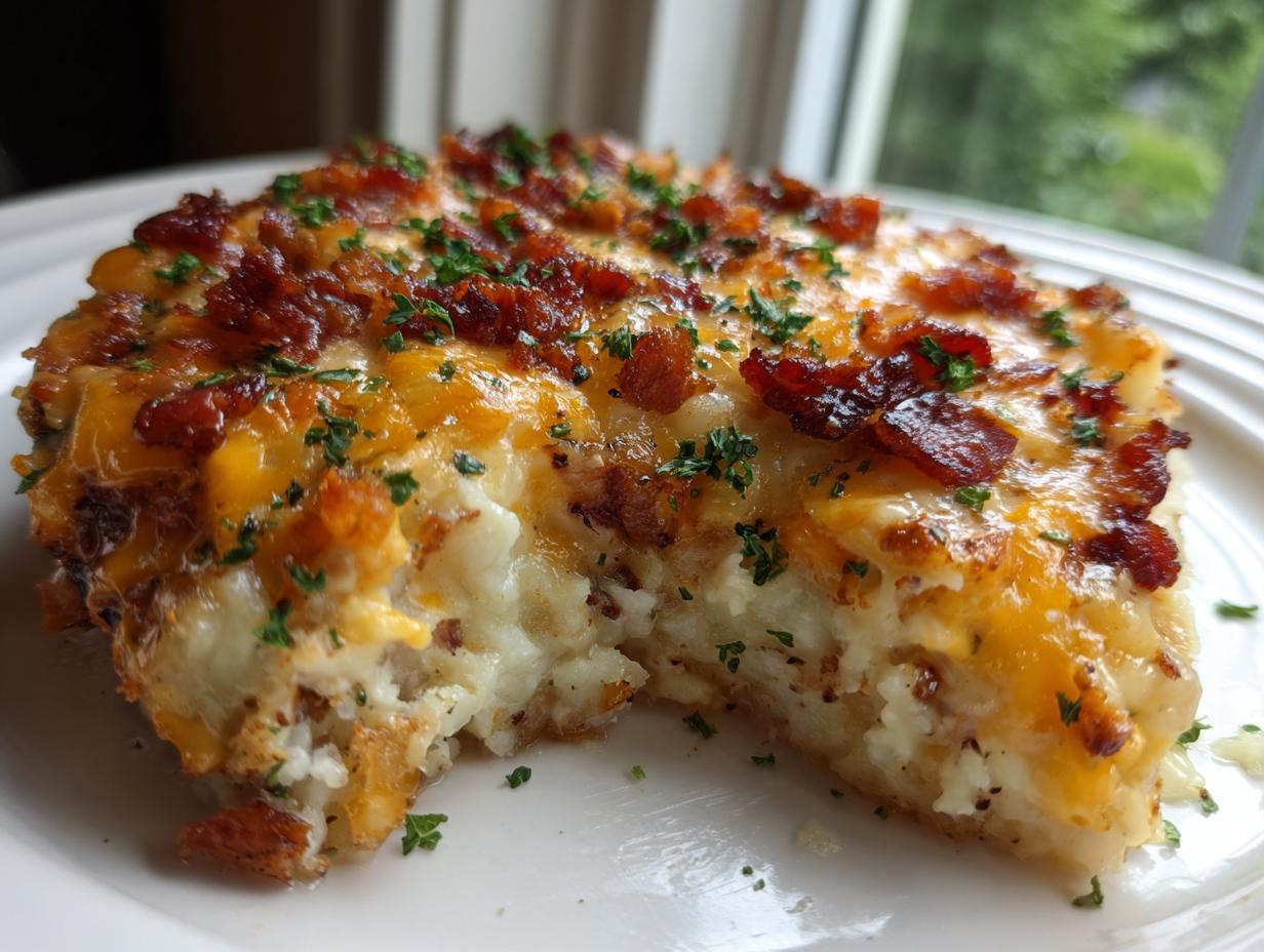 A close-up of a serving of amazing baked potato casserole topped with melted cheddar cheese, bacon bits, and parsley.