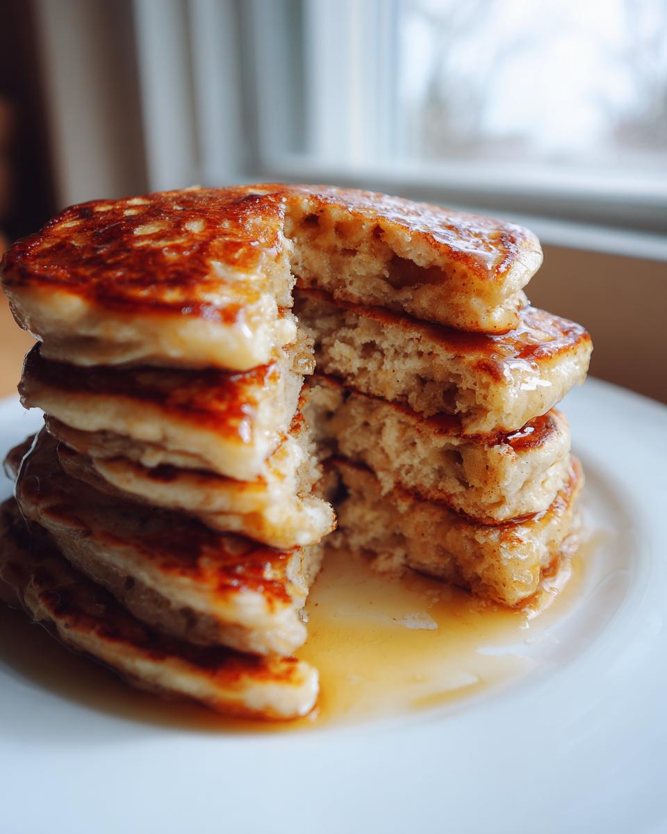 A tall stack of fluffy banana pancakes, cut to show the interior texture, drizzled with syrup.