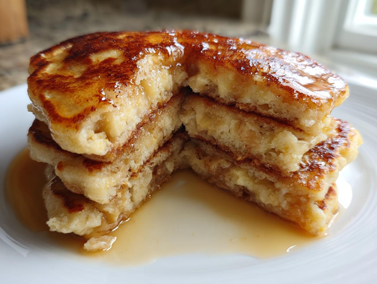 A cross-section view of a stack of fluffy banana pancakes drizzled generously with maple syrup.