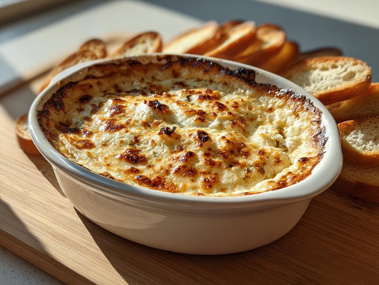 Close-up of a hot, baked cheesy bread dip in a white oval dish, served with toasted baguette slices.
