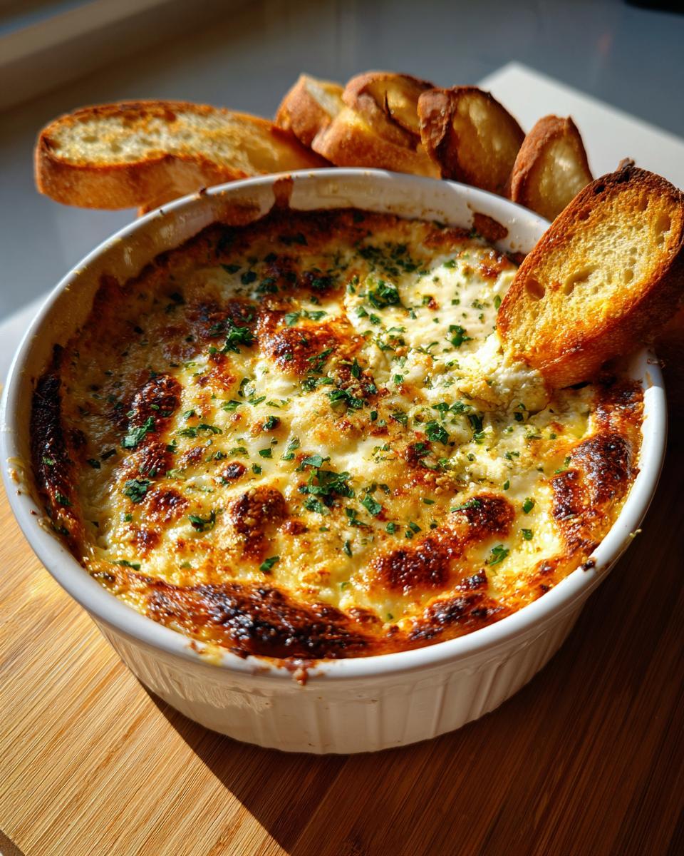A baked, cheesy bread dip topped with parsley, served hot in a white ramekin with toasted bread slices for dipping.