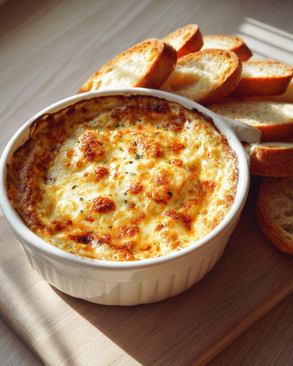 A hot, bubbly, cheesy baked bread dip served in a white ramekin with toasted crostini slices ready for dipping.