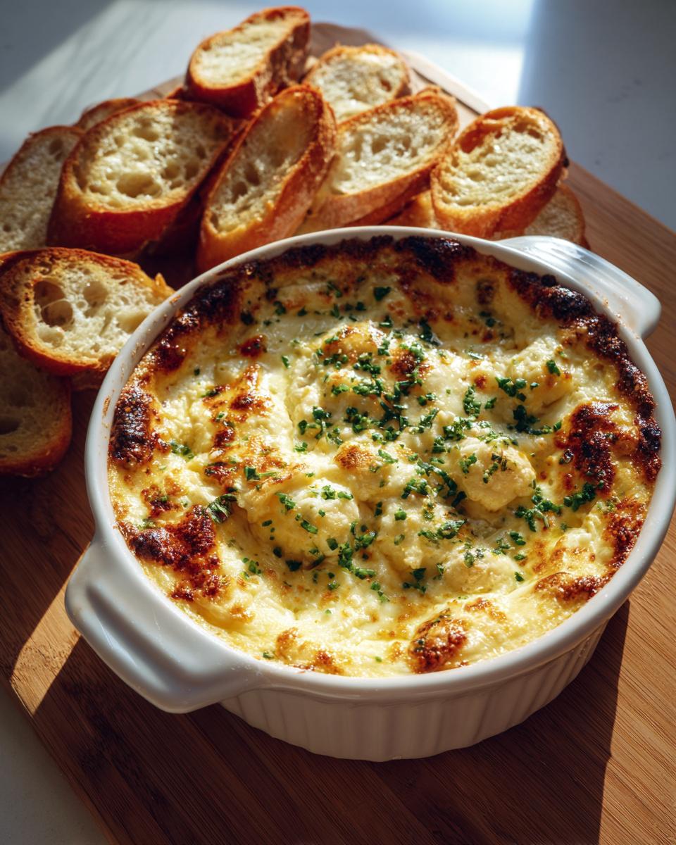 A bubbling hot, cheesy bread dip in a white ramekin served with toasted baguette slices for dipping.