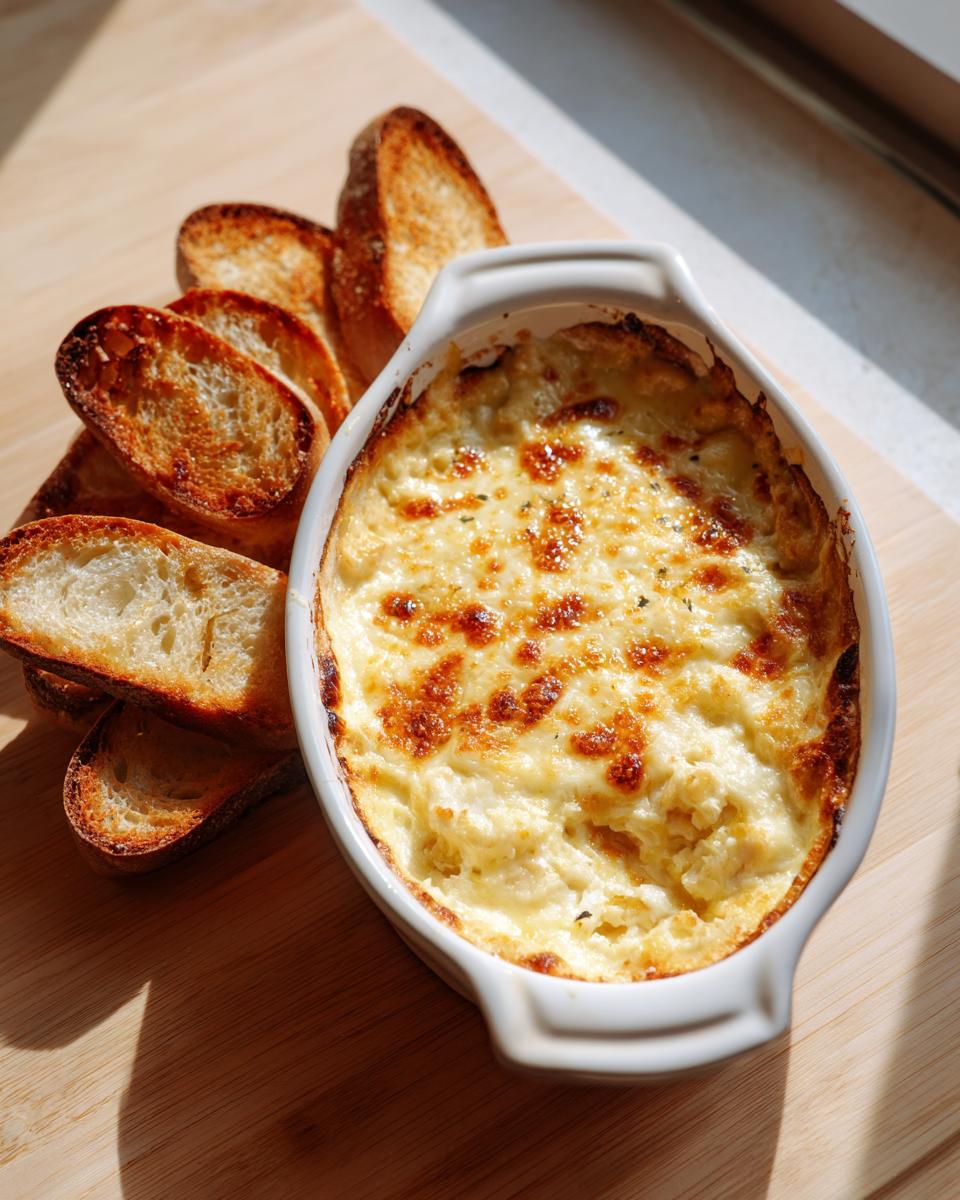 A hot, bubbly, cheesy bread dip served in a white oval dish next to toasted baguette slices for dipping.