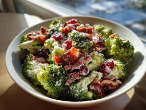 A vibrant bowl of creamy broccoli salad topped with bacon, dried cranberries, and grated cheese.
