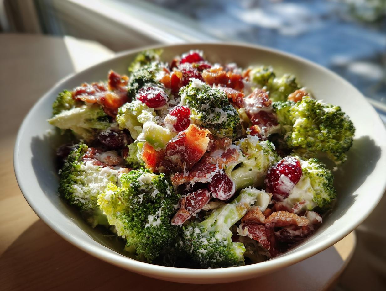 A vibrant bowl of creamy broccoli salad topped with bacon, dried cranberries, and grated cheese.