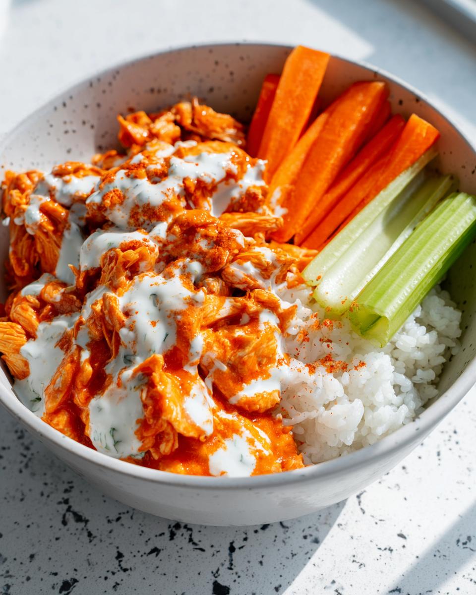 Close-up of a buffalo chicken rice bowl topped with ranch dressing, served with celery and carrot sticks.