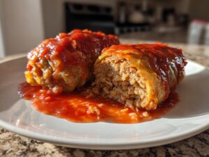 Two delicious cabbage rolls smothered in tomato sauce, one cut open to show the rice and meat filling.