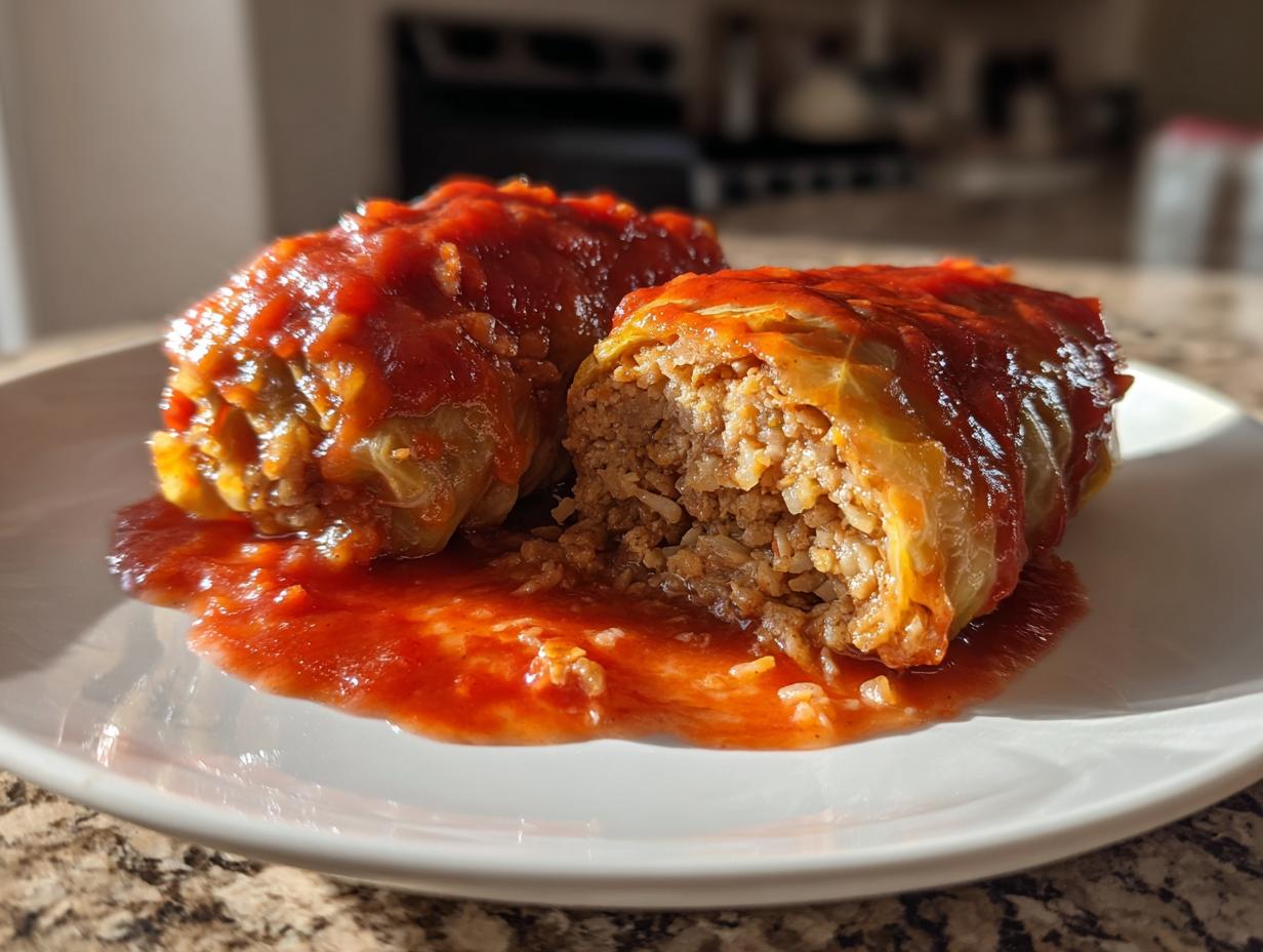 Two delicious cabbage rolls smothered in tomato sauce, one cut open to show the rice and meat filling.