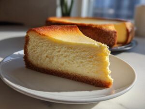A thick slice of baked cheesecake with a golden brown top and graham cracker crust, served on a white plate.