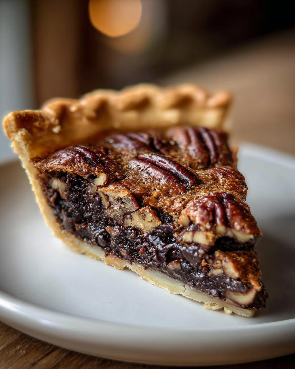Close-up of a rich slice of chocolate pecan pie showing the dark filling and whole pecans on top.