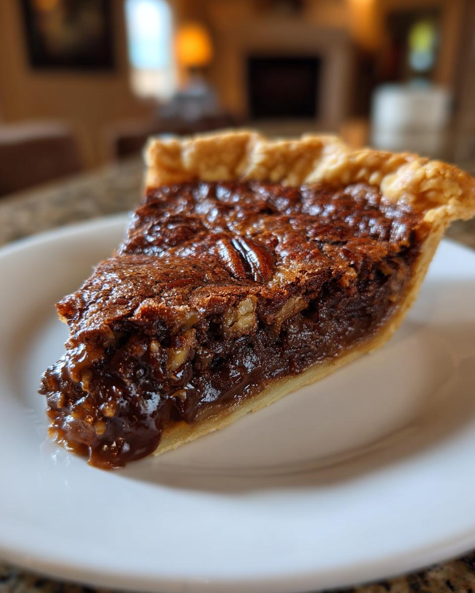 Close-up of a gooey slice of chocolate pecan pie showing the rich filling and crust.