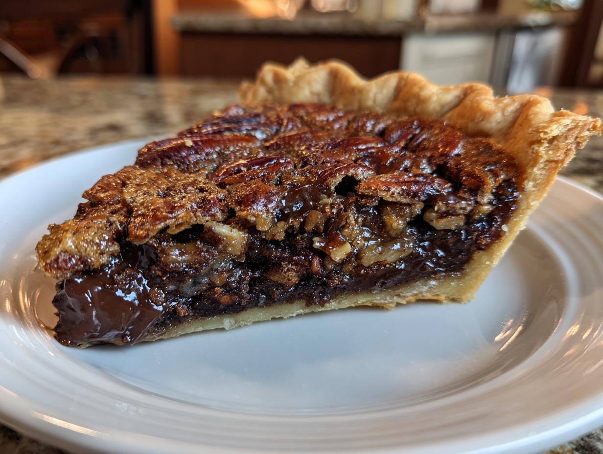 A close-up of a rich slice of chocolate pecan pie showing the gooey filling and pecan topping.