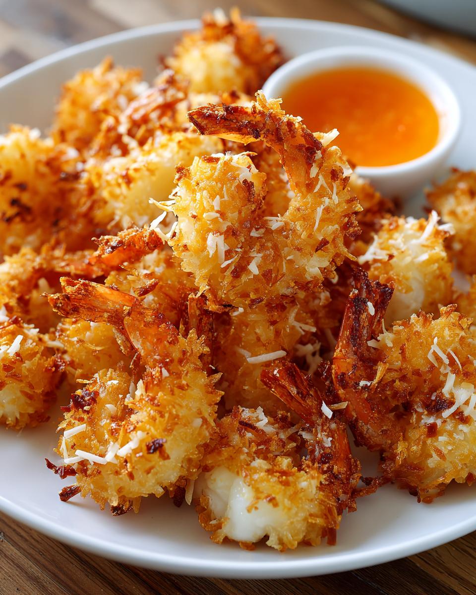A close-up of golden brown, crispy coconut shrimp piled on a white plate next to a small bowl of orange dipping sauce.