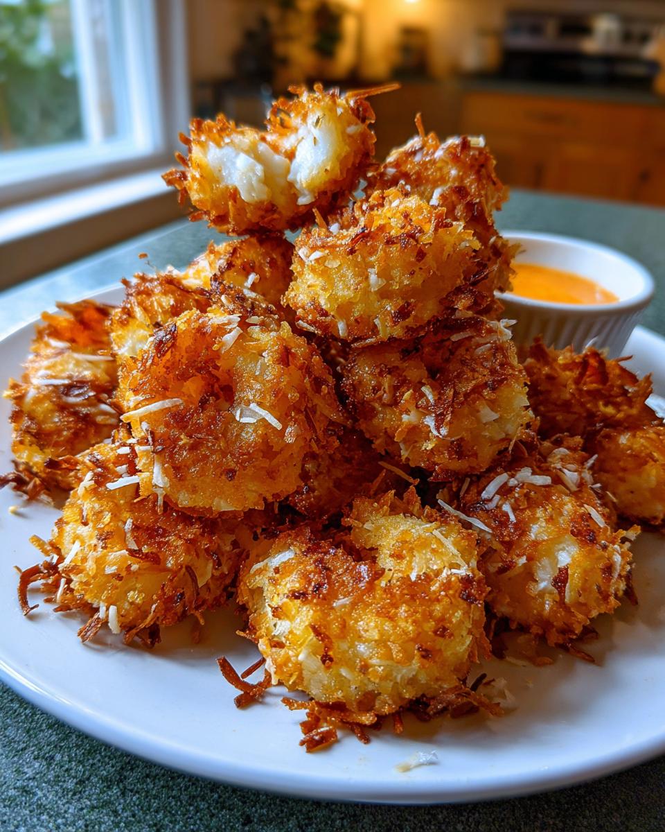 A close-up stack of perfectly golden brown, crispy coconut shrimp served with a side of dipping sauce.
