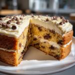 A slice removed from a layered cookie cake recipe showing chocolate chips throughout the cake and frosting.