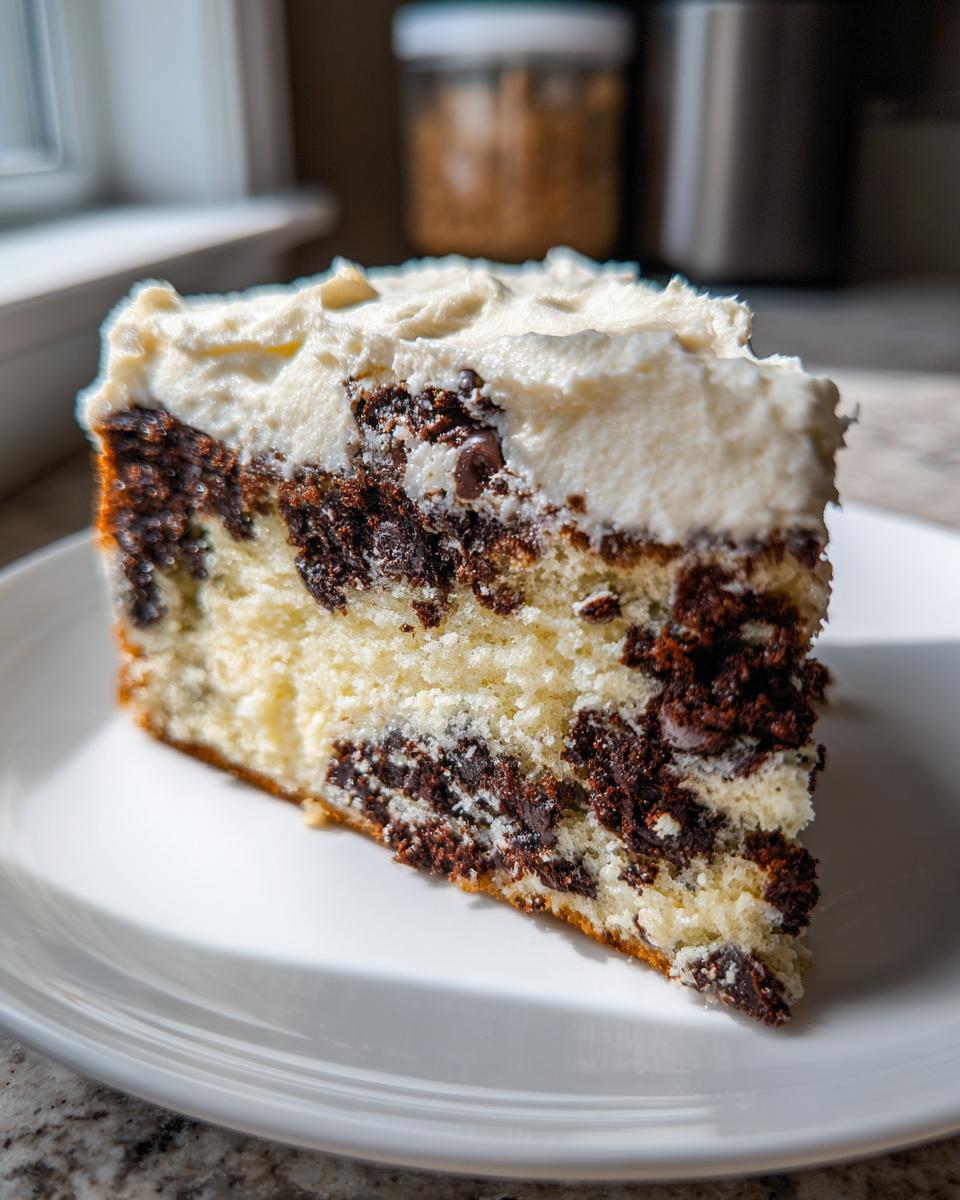 A thick slice of marbled cookie cake recipe with chocolate chunks and topped with white frosting.