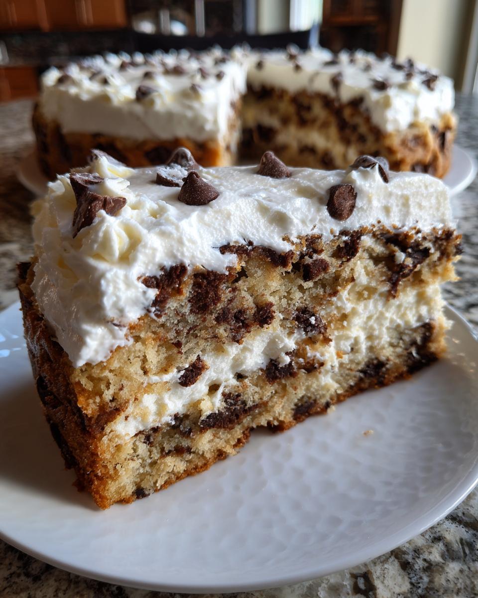 A thick slice of chocolate chip cookie cake recipe topped with white frosting and mini chocolate chips.