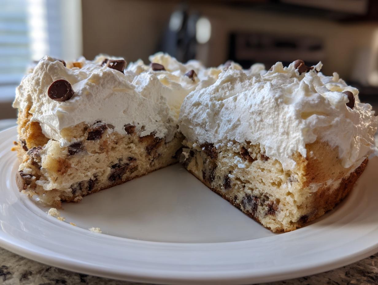 Cross-section view of a thick slice of amazing cookie cake recipe topped with whipped cream and chocolate chips.